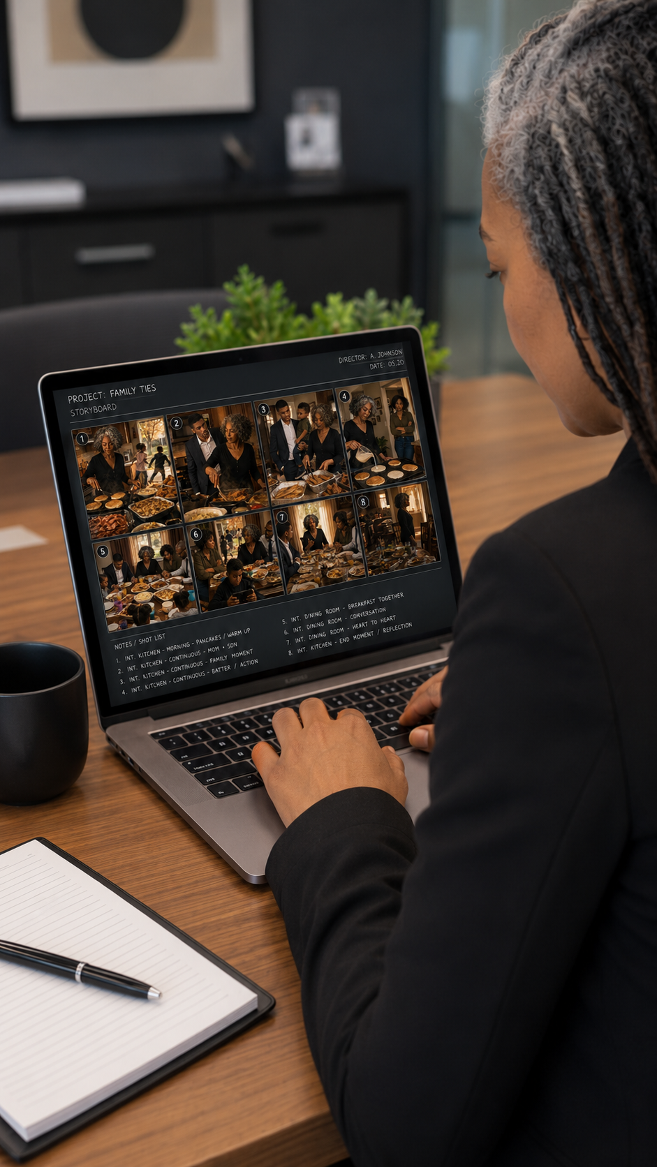 Working at a laptop with storyboard
